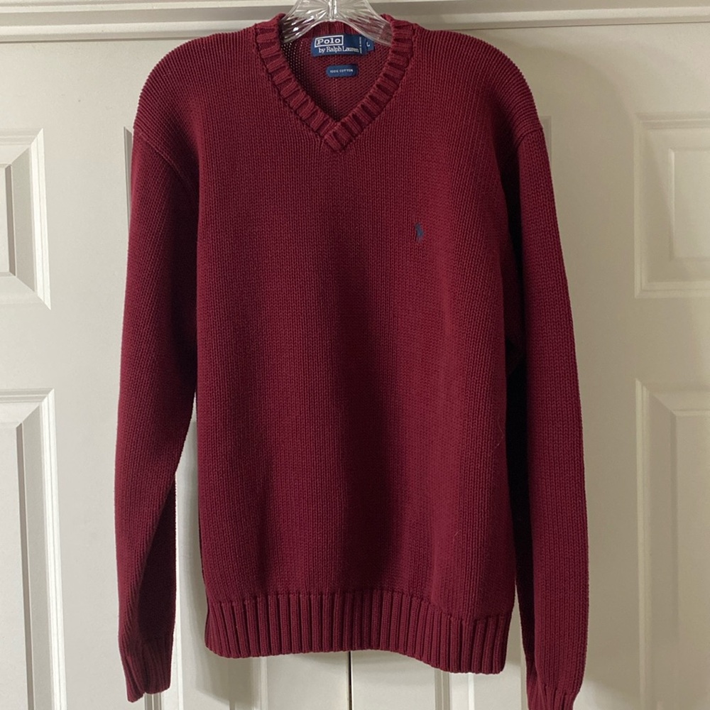 POLO RALPH LAUREN V-NECK SWEATER. DEEP RED COLOR. SZ L. GREAT CONDITION!